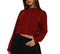 Cardigan court en tricot Y2K pour femme, mignon, manches longues, col rond, ouvert sur le devant, boutonné vers le bas, cardigan léger, rouge vin, M