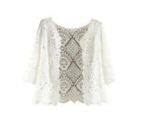 Cardigan Court Femme,Bolero Femme Shrug 3/4 Manches Courtes Cardigan Élégant Floral Dentelle Blouse Veste Été Crochet Cardigan Ouvert Devant Col V Festival Veste Plage Cover-Ups Pour Robes Blanc Xx
