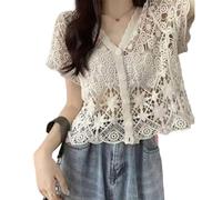 Cardigan Court Femme,Bolero Femme Shrug Cardigan Court Manches Courtes Chemisier En Dentelle Au Crochet Chemise Tunique Cravate Devant Ouvert Boho Festival Veste Col En V Élégant Cover-Ups Pour Rob