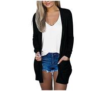 Cardigan court pour femme - Cardigan court en tricot à manches longues - Avec poches - Cardigan fin - Veste d'été légère - Grandes tailles - Veste mi-saison ouverte à l'avant, Noir , S