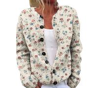 Cardigan d'automne en tricot ouvert sur le devant pour femme - Imprimé floral - Style décontracté - Manches longues, 1H - Blanc, 3XL