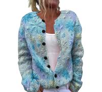 Cardigan de Noël à boutons pour femme, manches longues, col en V, gros tricot, imprimé coloré avec boutons, grande taille, haut de Noël court décontracté, Bleu clair, XL