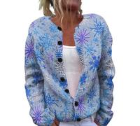 Cardigan de Noël à boutons pour femme, manches longues, col en V, gros tricot, imprimé coloré avec boutons, grande taille, haut de Noël court décontracté, 1-bleu ciel., S