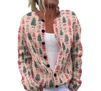Cardigan de Noël à boutons pour femme, manches longues, col en V, gros tricot, imprimé coloré avec boutons, grande taille, haut de Noël court décontracté, 2-Rose, XL