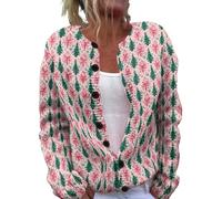Cardigan de Noël à boutons pour femme, manches longues, col en V, gros tricot, imprimé coloré avec boutons, grande taille, haut de Noël court décontracté, 5-Rose, M