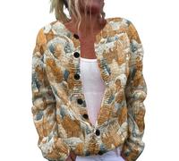 Cardigan de Noël à boutons pour femme, manches longues, col en V, gros tricot, imprimé coloré avec boutons, grande taille, haut de Noël court décontracté, 3 - Kaki, M