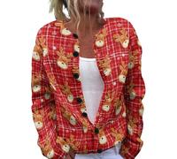 Cardigan de Noël à boutons pour femme, manches longues, col en V, gros tricot, imprimé coloré avec boutons, grande taille, haut de Noël court décontracté, 2-Rouge, XL