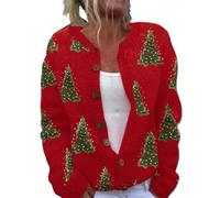 Cardigan de Noël confortable pour femme, imprimé britannique, manches longues, col en V, cardigan ample en tricot torsadé drôle, pull tendance grande taille pour femmes, vêtements chauds, Rouge (02