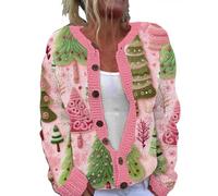 Cardigan décontracté à manches longues et col rond boutonné avec imprimé Père Noël mignon pour femme, rose, XXL