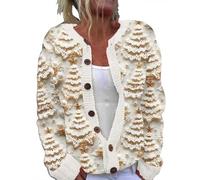 Cardigan décontracté à manches longues et col rond boutonné avec imprimé Père Noël mignon pour femme, beige, XL