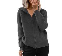 Cardigan décontracté en tricot côtelé à fermeture éclair pour femme - Ample - Manches longues - Col à revers ouvert sur le devant - Style vintage - Esthétique - Pull en molleton, gris, L