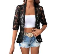 Cardigan d'été à manches courtes en dentelle pour femme - Boléro léger en crochet transparent - Haut ouvert sur le devant - Parfait pour les nuits d'été, les mariages et les rendez-vous galants, Noir