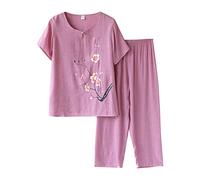 Cardigan d'été à manches courtes pour femme - Haut ample pour personnes âgées - Coton et lin - Deux combinaisons de neige - Grande taille, rose, XL