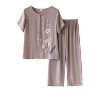 Cardigan d'été à manches courtes pour femme - Haut ample pour personnes âgées - Coton et lin - Deux combinaisons de neige - Grande taille, kaki, 4XL