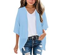 Cardigan D'été Fille Manches 3/4 Boléro Mousseline de Soie Uni Haut Fille Chic et Elegant Léger Vêtements de Protection Solaire 3-14 Ans (Light Blue, 13-14 Years)