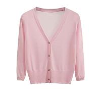 Cardigan d'été léger pour femme - Cardigan court et élégant - Veste d'été fine avec col en V - Manches longues - Ponchos en tricot fin - Couleur unie - Manteau décontracté, Rose, XL
