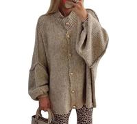 Cardigan d'hiver Boutonné pour Femme Pull Surdimensionné en Tricot Y2k pour Femme Pull a Manches Lanternes et Col Roulé Vêtements D'extérieur(Khaki,Large)
