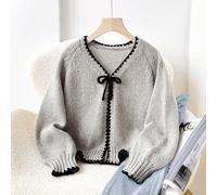 Cardigan d'hiver décontracté pour fille préadolescente, gris mignon avec bordure contrastée, nœud devant, manches longues, style minimaliste, automne, vacances, école, rentrée, assorti maman et moi 8Y