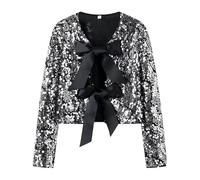 Cardigan d'hiver pour femme - Design bordure - Col rond - Manches longues - Coupe ample - Décoration à paillettes - Court - Style européen, argenté, 3XL