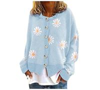 Cardigan en coton pour femme - Vintage - Imprimé marguerites - Col rond - Boutonné - Cardigan d'extérieur - Couleurs polyvalentes - Léger et confortable - Manches longues - Tricoté, bleu, M