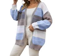 Cardigan en coton tricoté pour femme - Col en V - Pull chaud rayé - Veste d'hiver légère en coton - Veste baggy mi-saison, bleu, S