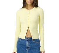 Cardigan en crochet pour femme - Coupe étroite - Manches longues - Col rond - Col côtelé - Haut boutonné - Mode streetwear - Sans manches - Avec dentelle, Jaune clair., M