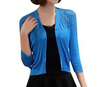 Cardigan en dentelle pour femme - Léger - Col en V - Boutonné - Léger - Respirant - Boléro pour soirée - Doux et confortable - Crochet - Cache-maillot de plage décontracté pour femme, bleu, S