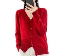 Cardigan en laine mérinos unie à col en V et manches longues pour femme - Couleur unie - Doux et chaud, rouge cerise, XXL