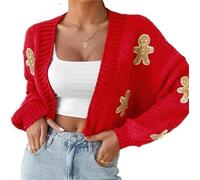 Cardigan en pain d'épice pour femme, pull de Noël mignon pour femme, cardigan court bonhomme en pain d'épice de Noël, Rouge, M
