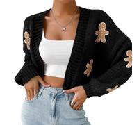 Cardigan en Pain d'épices pour Femme, Cardigan de Noël en Pain d'épices pour Homme, Pull Court Ouvert sur Le Devant pour Femme (Large,Black)