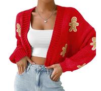 Cardigan en Pain d'épices pour Femme, Cardigan de Noël en Pain d'épices pour Homme, Pull Court Ouvert sur Le Devant pour Femme (Large,Red)