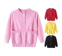 Cardigan en polaire avec poche pour fille - Pull en tricot polaire uni à boutons - Pull uni à manches longues - Uniforme scolaire léger, Noir , 6-7 ans