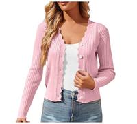 Cardigan en tricot à manches longues et col en V boutonné léger pour femme - Cardigan festonné doux et décontracté - Cardigan court ouvert sur le devant - Vêtement d'extérieur pour robe de soirée de