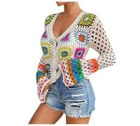 Cardigan en tricot à manches longues fait à la main Boho au crochet avec motif ethnique ajouré - T-shirt original à manches longues pour femme, Blanc., M