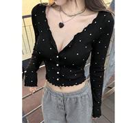 Cardigan en tricot à pois, style coréen, col bas, sexy, pur désir, coupe slim flatteuse, élégant, avec bordure à volants, pour femmes, nouveau printemps/été, mode, long, vacances M,S,XSTout ImpriméTri
