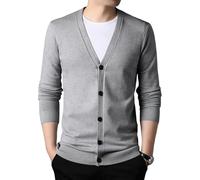 Cardigan en tricot décontracté à un seul bouton pour homme Printemps Automne Col en V profond, gris clair, S