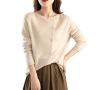 Cardigan en tricot élégant pour femme, léger à manches longues, col rond, col rond asymétrique, col rond, manches longues, ecru, S