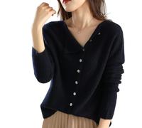 Cardigan en tricot élégant pour femme, léger à manches longues, col rond, col rond asymétrique, col rond, manches longues, bleu marine, S