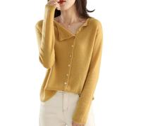 Cardigan en tricot élégant pour femme, léger à manches longues, col rond, col rond asymétrique, col rond, manches longues, jaune, S