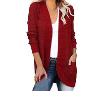 Cardigan en tricot épais pour femme - Long - Grosse maille - Court - Sans boutons - Avec poches - Cardigan décontracté - Manteau élégant - Couleur unie, rouge, L