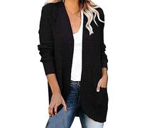 Cardigan en tricot épais pour femme - Oversize - Long - Grosse maille - Court - Sans boutons - Avec poches - Cardigan décontracté - Manteau élégant - Pull couleur unie, Noir , XL