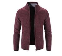 Cardigan en tricot épais pour homme - Couleur unie - Fermeture éclair intégrale - Col à revers - Chaud - Pull d'hiver en tricot doublé - Pull épais confortable à col montant, bordeaux, XXL