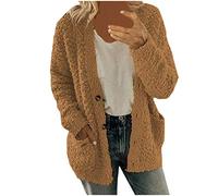 Cardigan en tricot léger pour femme, cardigan à manches longues boutonné ouvert sur le devant, vêtements d'extérieur doux et chauds avec poches pour l'automne, grande taille S-5XL, café, XXL
