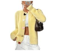 Cardigan en tricot pelucheux en forme de cœur pour femme, cardigan ouvert sur le devant, léger à col ras du cou, pull pelucheux sur le devant, jaune, L