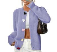 Cardigan en tricot pelucheux en forme de cœur pour femme, cardigan ouvert sur le devant, léger à col ras du cou, pull pelucheux sur le devant, violet, M
