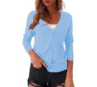 Cardigan en tricot pour femme - Léger - Col en V - Boutonné - Couleur unie - Pull en tricot à manches longues - Doux au toucher - Tailles S à 3XL, bleu ciel, S