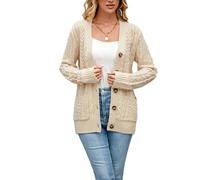 Cardigan en tricot torsadé pour femme - Automne et hiver - Manteaux boutonnés avec poches, crème, XX-Large