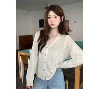 Cardigan en tricot transparent avec garniture en dentelle, style de rue élégant et doux, manches longues, col en V, ample, convient aux jeunes femmes, dames, jeunes filles. Idéal pour la Saint-Valenti