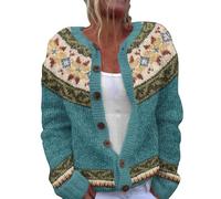 Cardigan Fairisle boutonné à col rond en tricot ample à manches longues Tunique Tops Imprimé floral Veste mignonne à manches longues Pull décontracté ample Cardigan Veste pour femme Pull léger, bleu