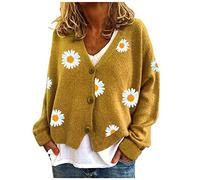Cardigan Femme à Manches Longues Mode Veste Courte Lâché Gilets en Tricot Imprimé Marguerites Chandail Chaud Imprimé d'amour Étoile Bouton Ouvert Blouson Sweater Manteau Outwear Haut Top